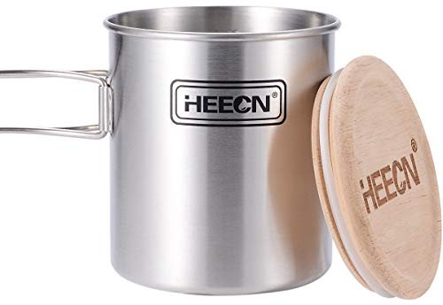 HEECN® Bicchiere acciaio campeggio - Tazza acciaio inox fuoco - Pieghevole Maniglia - Con coperchio e multiutensile 500ml HESS-04446