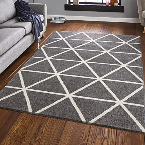 Teppich Kurzflor Pastellfarben Weiss Rauten Design Robust in versch. Farben, für Wohnzimmer, Schlafzimmer, küche, Farbe:Grau, Maße:160x220 cm