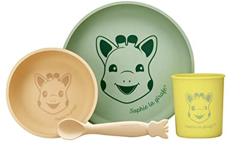 Sophie la Girafe - Set de Repas Sopie la Girage en Silicone - 1 Assietes, 1 bol, 1 verre et une cuillere Passe au Lave Vaisselle et micro-ondes