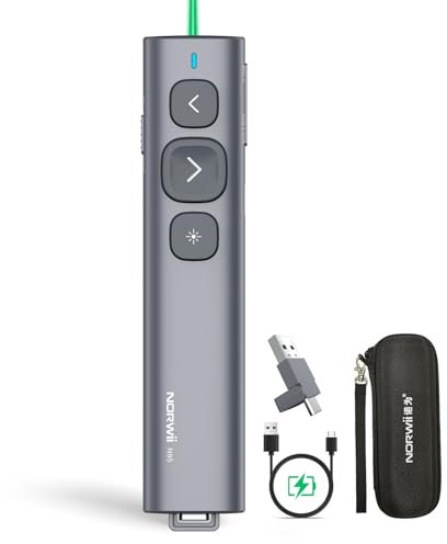 Norwii USB C Präsentationsklicker mit grünem Lichtpointer, wiederaufladbarer PowerPoint-Klicker, Präsentation Remote,Long Range Wireless Presenter for der Tablet-Computer/der Laptop/e-Book