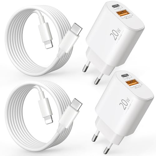 2-Puerto Cargador + lightnings Cable para iPhone 14 13 12 11 Pro MAX Plus Mini XS XR X SE 8 7 6, for AirPods/iPad, Carga Rapida 20W Rapido USB-C USB-A PD3.0 Cargador Adaptador con 2M Cable 4-Pack