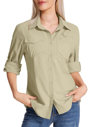 Faysfad Women's Safari Shirt UPF 50 UV Sun Protection Quick Dry Shirts Long Sleeve Hiking Walking Fishing Outdoor Travel(5081,Khaki,M)