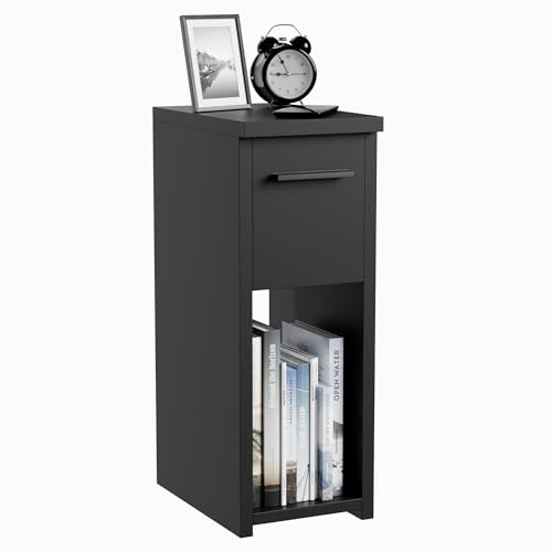 ComfortCove Bedside Tables, Bedside Drawers, Narrow Bedside Table, Bedside Cabinet, Slim End Table with Storage Shelf & Handle, Black. Size: W20 x H55 x D30,5 cm