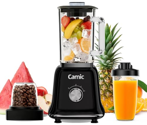 Camic blender mixeur 1200 W Mixeur Multifonction 3 en 1 avec Récipient en Verre de 1,6 L, mug de Voyage de 400 ml et Gobelet de Broyage de 200 ml, Mixeur à Impulsion/2 Vitesses