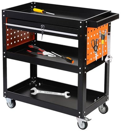 YEZMEK 3-Tier Tool Trolley with Tool Drawers and Hooks, Movable Tool Trolley on Wheels, 200kg Capacity Tool Storage for Car, Garage, Workshop & Cleaning Use