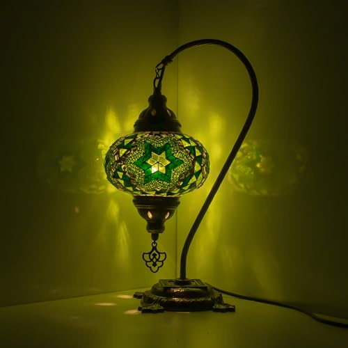 MOSLAND HOME Lampada da tavolo a mosaico con 35 varianti, lampada turca marocchina con base in bronzo, lampada da notte Tiffany fatta a mano a collo di cigno | Lampada da notte da comodino in vetro