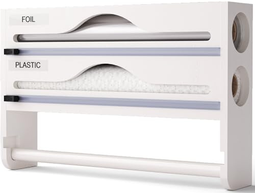 Bamboo Kitchen Roll Cling Film and Foil Organiser Wall Mounted,4-In-1 Dispenser and Cutter Kitchen Roll Dispenser,Freezer Bag Holder for Kitchen Drawer,Foil Holder,Counter top Organizer