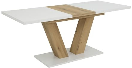 Hela Tische, Auszugstisch Esstisch Hamm, Dekor Weiß + Evoke Eiche, V-förmiges Säulengestell, Synchronauszug mit innenliegender Einlage, 140-180x90 cm,