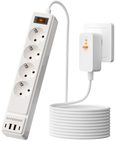 SAFEMORE Steckdosenleiste mit FI/PRCD-Schutz 10mA, 4 Schuko Steckdosen, 2 USB-C & 2 USB-A (4.8A), 16A/230V (max. 4000W), 2m Kabel, Überspannungsschutz Mehrfachsteckdose für Haushalt & Büro