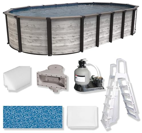 Puri Tech 12'x24'x52 Sunset Bay Steel Frame Above Ground Swimming Pool Package with Full-Print Overlap Liner, Liner Pad, Pool Cove, Skimmer, Filtration System and A-Frame Ladder for Pool Set up