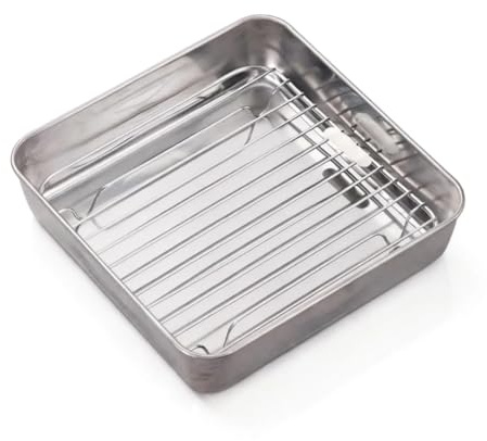 VNLCPX Tortiera Quadrata, Teglia da Forno in Acciaio Inox con Griglia, Teglie per Friggitrice ad Aria, Lavabile in Lavastoviglie, 21 x 21 x5 cm, Argento