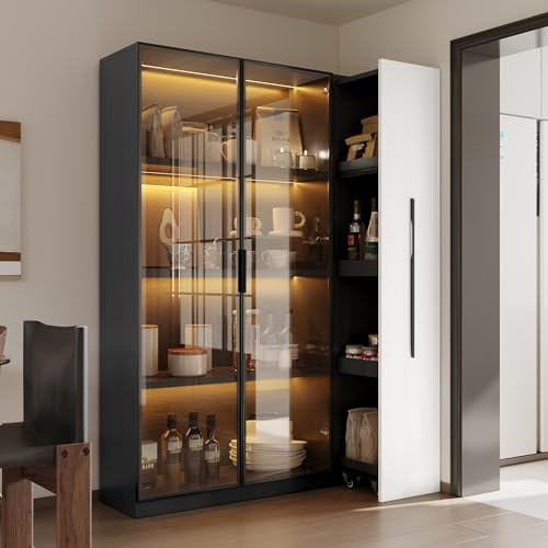 NuvlaGu Armadio multifunzione con LED e porta in vetro 110,5 x 35 x 160 cm - Vetrina con mobile estraibile - Mobile alto moderno bianco + nero per soggiorno, ufficio, bagno