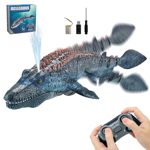 PHOEWON RC Bateau 2.4GHz Télécommandé Mosasaurus, Bateau Dinosaure électrique RC à Double hélice avec Jet d'eau et Voyant Lumineux, Jouets Cadeaux pour Enfants et Adultes 6+ (Gris)