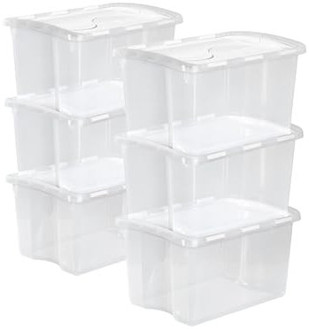 Sterilite 48 Qt Stackable Storage Bins, Clear with White Hinged Lid, 6-Pack