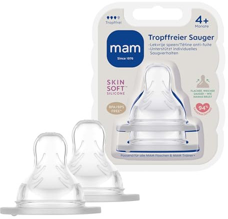 MAM Sauger tropffrei im Doppelpack, Flaschensauger (Durchflussrate schnell und tropffrei), weicher Trinksauger passend für Flaschen/Trainer, ab 4+ Monate