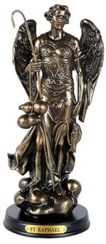 Pacific Giftware Archangel St. Raphael with Staff and Healing Oil Patron Saint of Travellers and Medical Workers Black Base with Brass Name Plate Bronze-Finished Religious Figurine 8.25 H