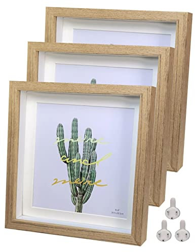 3D Profondo Box Colore legno Cornice 20x20cm 3 Pack Cornici per foto in legno massiccio e vetro reale Profondità 1,5 cm