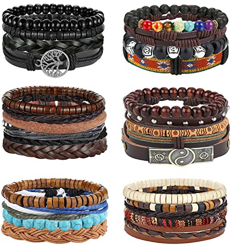 Morfetto 28 Stück geflochtenes Lederarmband für Männer Frauen Holzarmband Baum des Lebens Armband Perlenmanschette Wickelarmband verstellbar