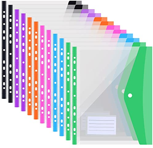 SOYIRI 12 Pack Punched Pockets A4 Plastic Wallets,Expandable 11 Holes Binder Pocket,Envelope File Folders with Snap Button and Label Pocket for School Home Office,6 Colours