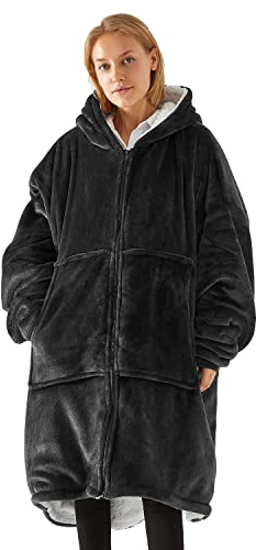 RITOSTA Oversized Blanket Hoodie - Unisex Sherpa Fleece Wearable Sweatshirt With Zipper Pocket - Warm Sweater for Teenagers Adults (Black, One Size)