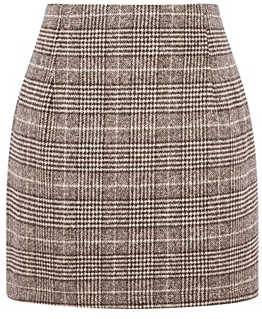 Womens Wool Plaid Mini Skirt Fall Winter High Waisted Bodycon Pencil Skirt (Coffee New, S)