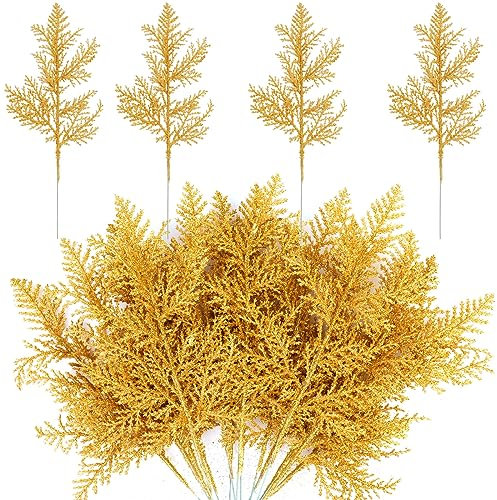 MWOOT 16 Piezas Ramas de Pino Artificiales con Purpurina, Falsas Agujas de Pino Navidad Oro, Púas de Vegetación para DIY Manualidades Guirnalda Árbol de Navidad Mesa Decoración del Hogar y Jardín