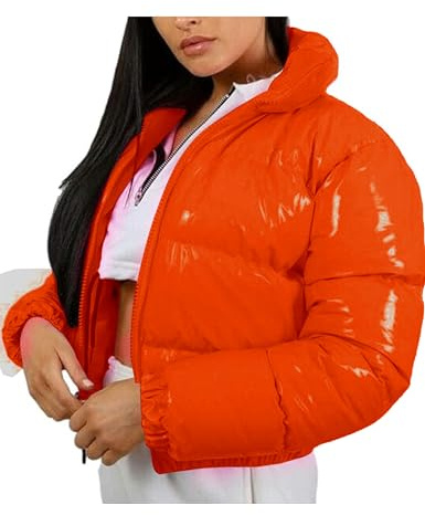 AMEBELLE Women Winter Warm Stand Collar Slim Fit Cropped Puffer Down Jacket Coats(0394-DarkOrange-M)