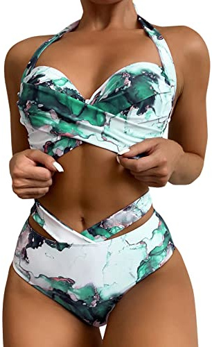 High Waisted Bikini Set Triangle, 2 Piece Bathing Suit with Shorts, Cross Front Swimming Costume Women Wrap Bikini Set Swimsuits Deals of The Day Sale Expedition Green