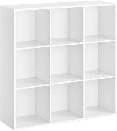 VASAGLE Bücherschrank, Bücherregal, mit 9 Fächern, Büroregal, Würfelregal, Standregal, für Wohnzimmer, Schlafzimmer, Büro, Kinderzimmer, weiß LBC177W01