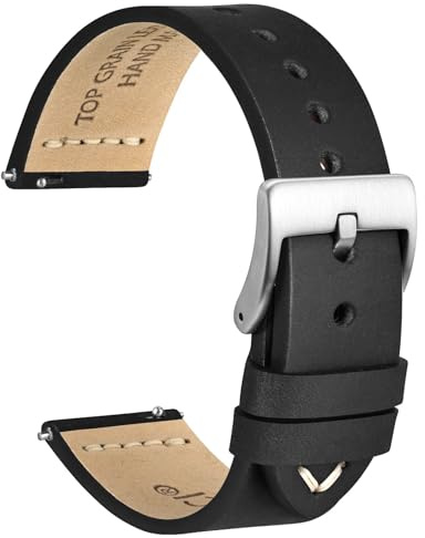WOCCI 18mm Antigua Correa Reloj para Hombre, Cuero de Sillín, Hebilla Plateada (Negro)