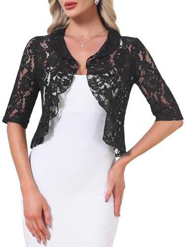 Allegra K Mujer Cárdigan De Encaje Noche Boda Manga 3/4 Dobladillo Volantes Elegante Bolero Negro S