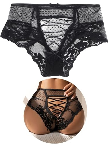ohyeahlady Women's Sexy Back Criss Cross French Knickers Soft Stretchy Lace Bikini Briefs Hipster Panties Mesh High Waisted Thongs Plus Size Underwear UK 16 Black