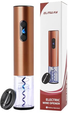 ELMWAY VinoLux Series Battery Electric Wine Opener by ELMWAY – Electric Corkscrew, Foil Cutter, Dual LED Lights, Transparent Window & Brushed Stainless Steel Shell, 4 AA Batteries Required – Rose Gold