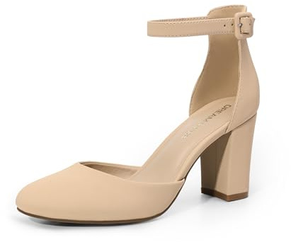 DREAM PAIRS Zapatos de Novia con Tacones Gruesos y Cerrados para Mujer, con Correa en el Tobillo y Punta Redonda.,Size 38,Nude-Nubuck,DWUMPU2535
