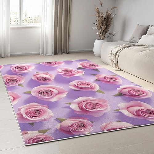 Teppich Pflanzen Rosen Blumen Teppiche Rutschfester Waschbarer Ultraweicher Superfeiner Kaschmir, 60 x 110 cm Niedriger Flor Flächen Teppich für Wohnzimmer Schlafzimmer Kinderzimmer, Rosa Lila