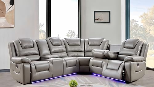 Lussuoso divano angolare reclinabile elettrico in pelle Oxford con portabicchieri, porte di ricarica USB, luci e ricarica wireless, moderno divano in pelle grigia