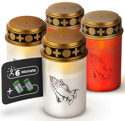 Novaliv 4 luci funerali a LED con batteria, luce tombale, bianco e rosso, bruciatore continuo, candele a LED tremolante, candela commemorativa