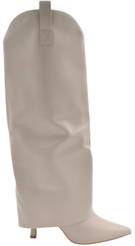 Stivali Donna al Ginocchio Shark a Punta in Pelle Beige con Risvolto Scollo a V Tacco a Spillo 10 Zip Interna Nascosta (39 EU)