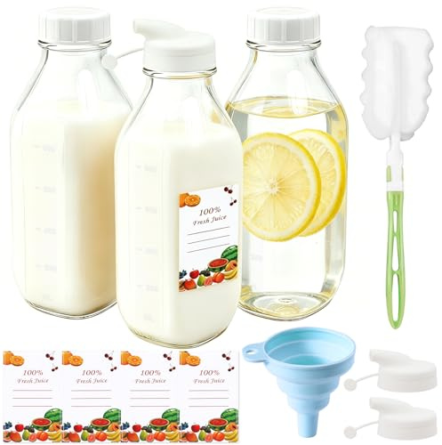 Mssushi 3 Pack Glass Milk Bottle 1 Litre/33Oz, Glass Juice Bottles with Lids, Glass Bottle with lid 1litre for Milk, Smoothies, Juice, Juicing Bottles with Pour Spout
