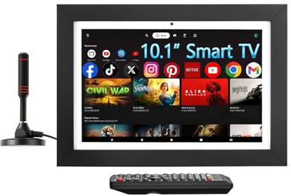 IONETECK Televisor de cocina inteligente pequeño de 10.1 pulgadas con antena ATSC, aplicaciones de TV integradas, calendario, marco de fotos digital y videollamada, diseño mini portátil para el hogar