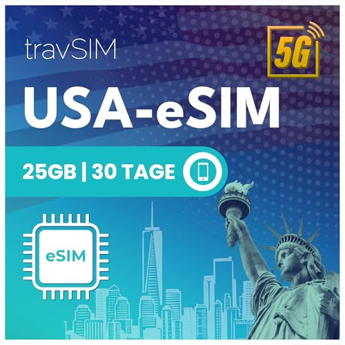 eSIM USA | 25 GB datavolym med 4G/5G-hastighet för USA – obegränsad åtkomst till Google, Facebook, WhatsApp och mer | 30-dagars SIM-abonnemang för USA från travSIM