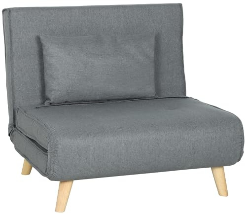 HOMCOM Sofá Cama de 1 Plaza 3 en 1, Sillón Cama Plegable Tapizado en Lino Sintético, con Respaldo Ajustable en 6 Niveles, Almohada, Asiento Ancho, Patas de Madera, 90x78x79 cm, Gris