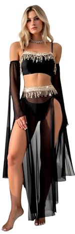 Yruioon 4 piezas. Disfraz de danza del vientre para mujer, parte superior con falda de gasa, vestido de danza del vientre, ropa de baile india, Negro , M