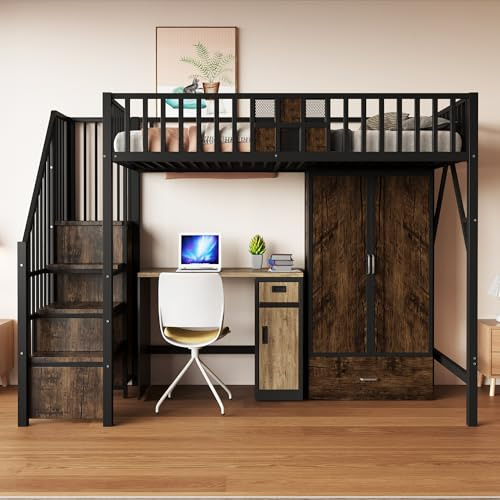 DUlVBPE metallvåningssäng 90 × 200 cm med distinkt räckesdesign av trä och metallgaller, komplett med stor garderob, lådor och förvaringsstege, svart