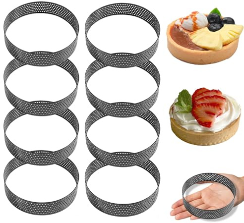 CAAGGMM Moldes Perforados, 8 Piezas 10 cm Tartaletas de Acero Inoxidable, Aros para Tartas Anillos Redondos Perforado, Moldes para Anillos de Pastel, para uso en Cocinas y Panaderías, Negro