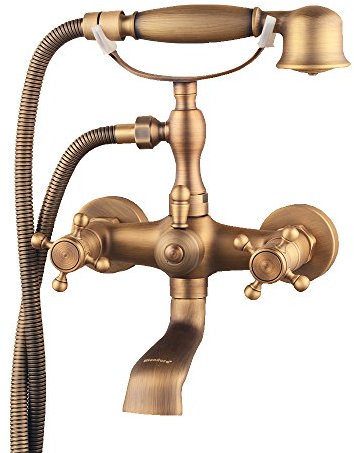 hiendure® Wandhalterung Zwei Griffe Badewanne Wasserhahn mit Handbrause Messing antik Finish