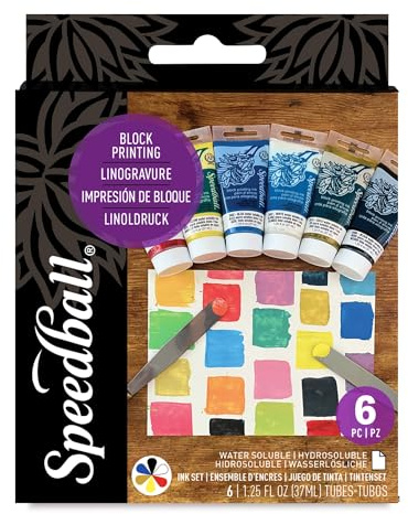 Speedball Water-Soluble Block Printing Ink Starter Set, 6 Bold Colors with Satiny Finish, 1.25-Ounce Tubes