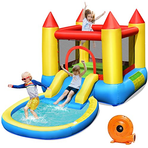 Costzon Inflatable Water Slide Bounce House with Ball Pit & Splash Pool, Bouncy Jump Castle for Kids Backyard Fun with 370w Blower, Blow up Water Bounce House Inflatables for Toddlers Indoor Outdoor