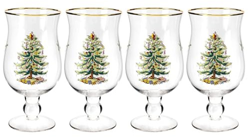 Spode Christmas Tree 17.5oz Tulip Glasses, Set of 4 - Gold-Rimmed Whimsical Holiday Glasses for Sparkling Wine & Champagne, Ideal for Holiday Brunches & New Year’s Celebrations
