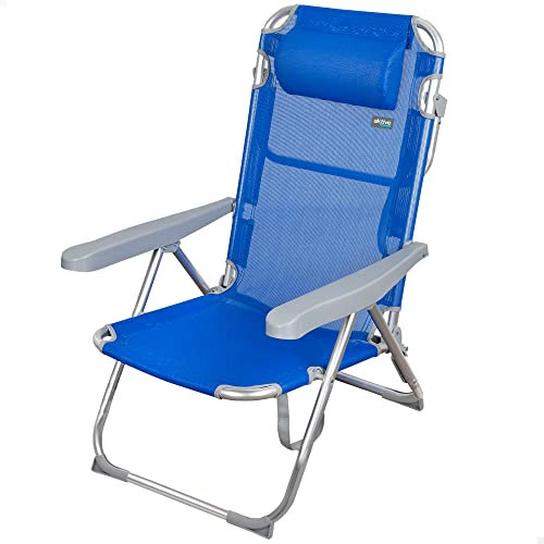 AKTIVE Beach- Chaise de Plage Pliante Haute Multipositions avec Dossier Réglable, Coussin, Protections Anti-Renversement et Poignée de Transport, Aluminium et Textilène, 48X60X90 cm, Bleu